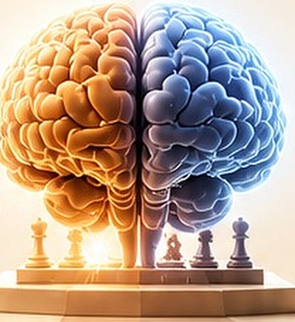 A brain split into a warm logical half and a cool creative half, standing on a chessboard