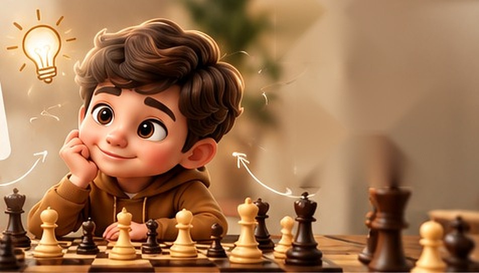 A thoughtful child leaning on one hand over a chessboard